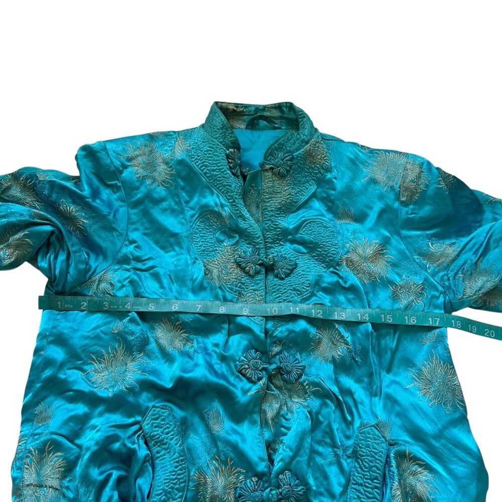 Traditional Chinese smoking jacket blue silky chrysanthemum floral design Small - Picture 4 of 11